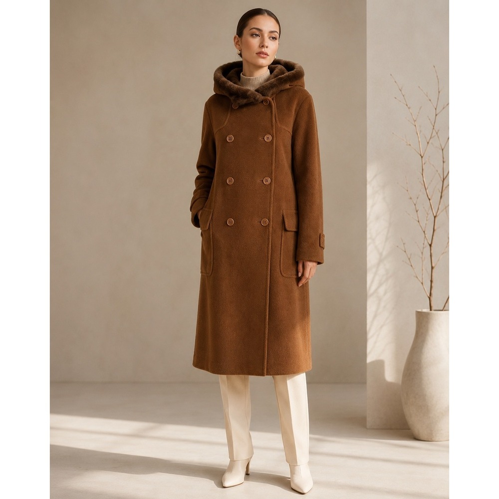 Max Mara Virgin Wool Cashmere Hooded Double Breasted Coat Brown Made in Italy L